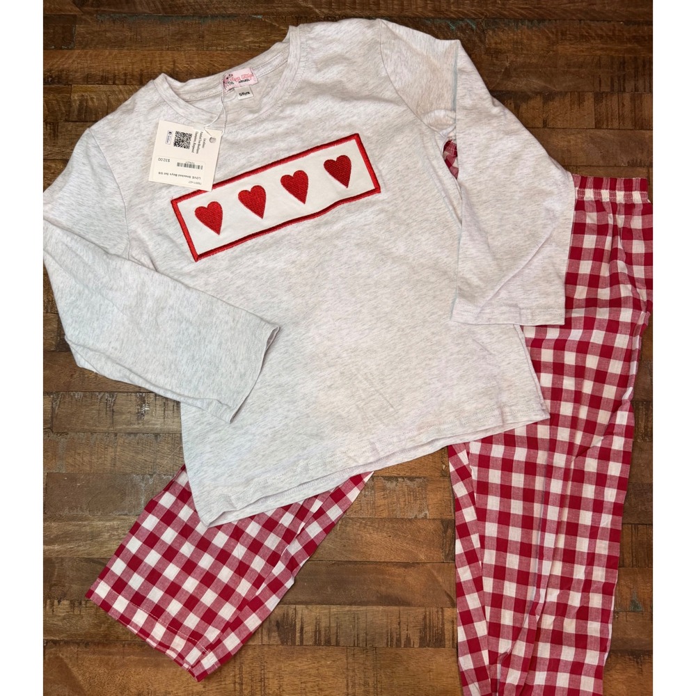 Clover Cottage Apparel Kids Heart Smocked Gingham Pajama Set Grey Red 5/6Y NWT